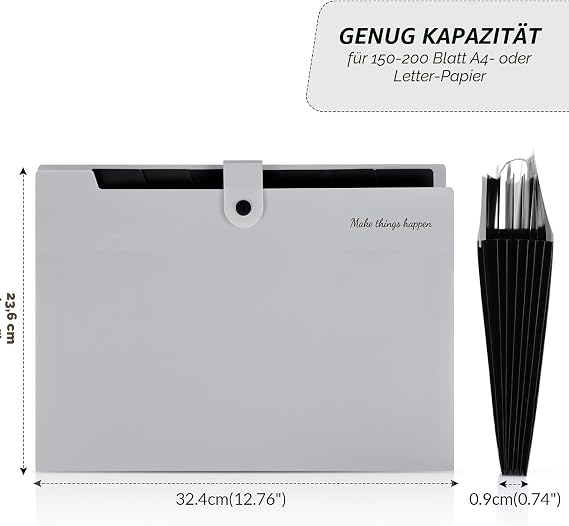 SKYDUE A4 Document Folder Folder with 8 Compartments Expanding Folder A4 with Labels Portable Organiser Folder System Document Folder for Home Office School and Travel (Grey)