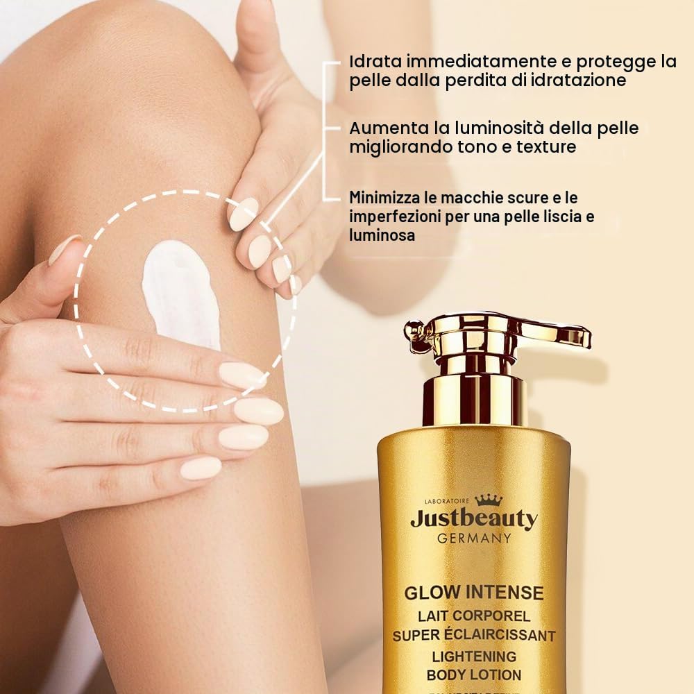 Justbeauty Germany Glow Intense Latte Corpo 500 ml - Cura Corpo per tintura Irregolare e macchie visibili - Acido Kojico, Arbutina, Vitamina C & Niacinamide
