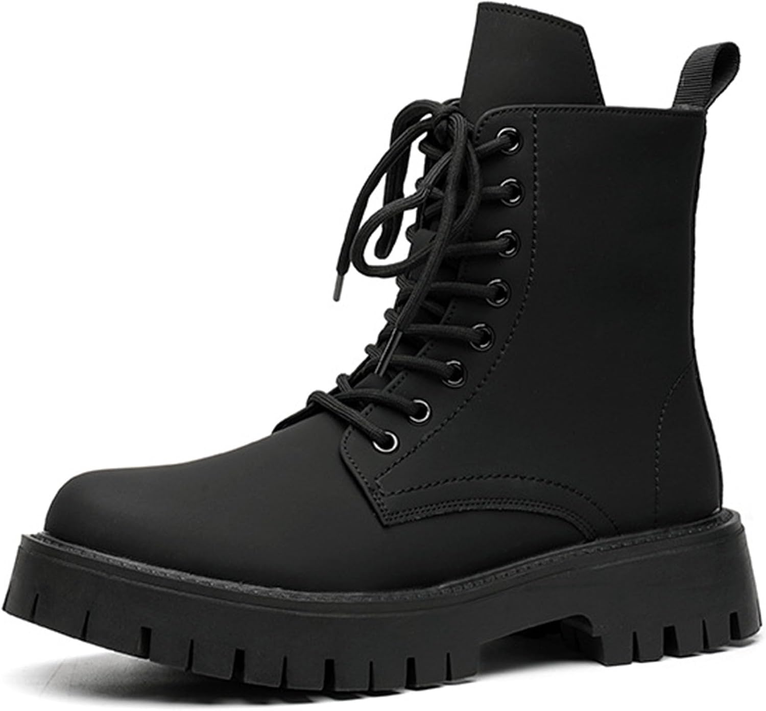 Men'S Black Patent Leather Platform Combat Boots with Side Zipper Wide Toe Chunky Lug Sole Motorcycle Boots Comfort Waterproof Lace Up High Top Biker Ankle Booties