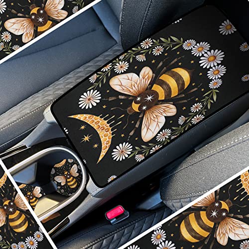 Yexiya 15 Pcs Moon And Star Car Seat Covers Full Set For Women Men Bee Daisy Leopard Print Car Accessories Set Steering Wheel Cover Armrest Pad Cover Seat Belt Pads Wrist Keychain (Bee, Daisy) #TOP6