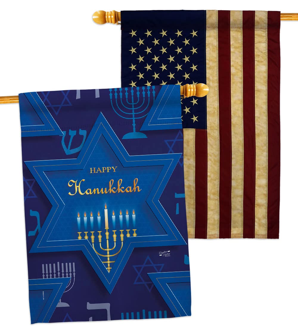 Holiday Hanukkah House Flags Pack Wintertime Candle Bonsai Menorah Jewish Chanukah David USA Vintage Applique Small Decorative Gift Yard Banner Double-Sided Made in 28 X 40