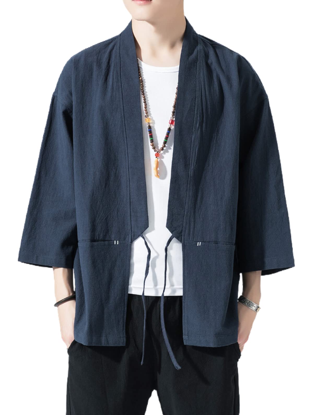 Men's Japanese Kimono Cardigan Loose Cotton Linen 3/4 Sleeve Open Front Casual Summer Shirt Jackets