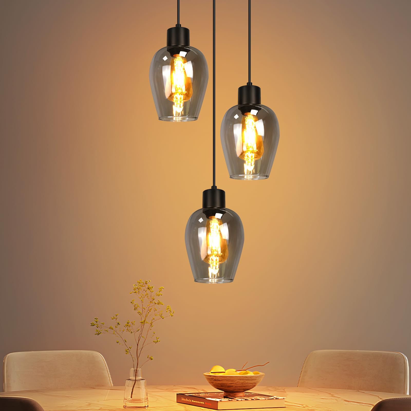 Lámpara Colgante Industrial de 3 luces Lámpara E27 de techo | colgante retro cristal ahumado para comedor dormitorio sala de estar (bombilla no incluida)