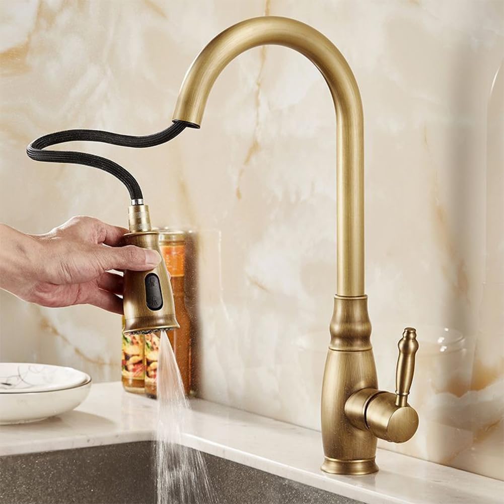 Rubinetto Cucina Rubinetto Lavello Con Doccetta Estraibile, 2 Modalità, Anticato Vintage Stile Girevole A 360 ° Monocomando Ottone Miscelatore Cucina, Rubinetto Lavello Cucina, Bronzo