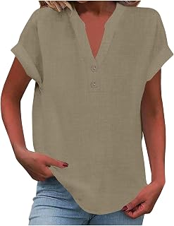 Womens Cotton Linen Shirts Summer Trendy Short Sleeve V-Neck Blouses Tops Button Down Gauze Tees Casual Clothes 2025