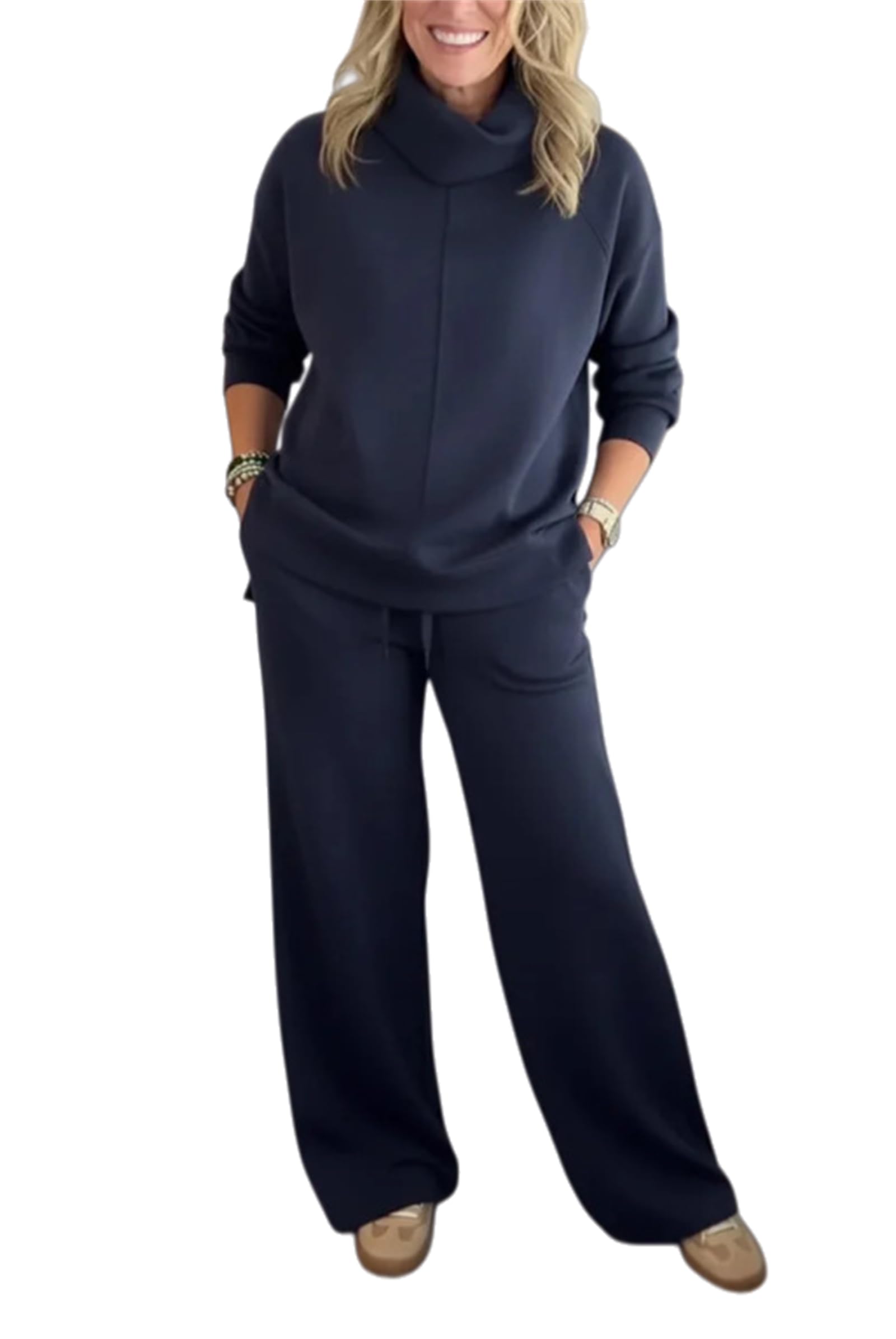 Generisch Przytulna damska bluza i spodnie, dwuczęściowy zestaw, bluza ze stójką i szerokimi nogawkami, zestaw garnituru do joggingu, zestaw wypoczynkowy (4XL, granatowa)