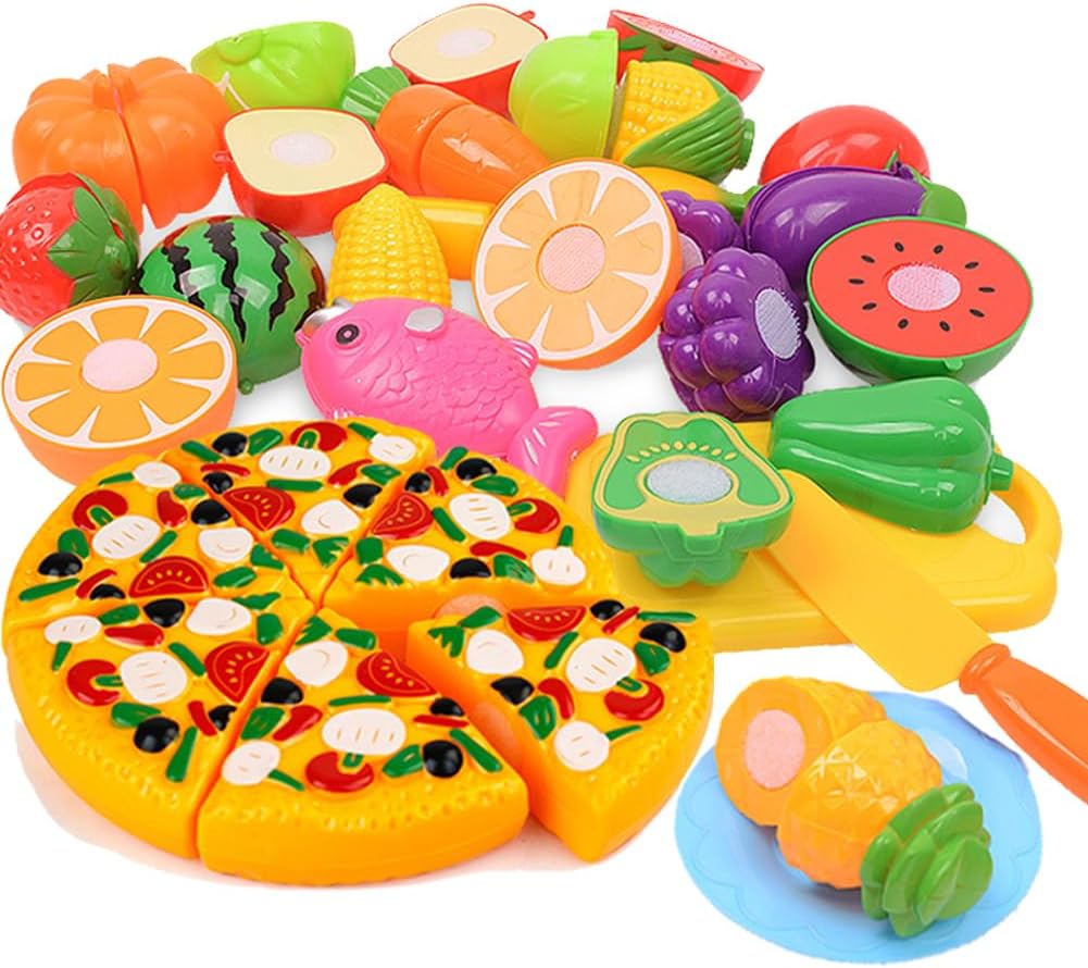 Kitchen Toys Fun Cutting Food Fruits Vegetables Toys Pretend Food Playset for Children Girls Boys Educational Early Age Basic Skills Development 41pcs
