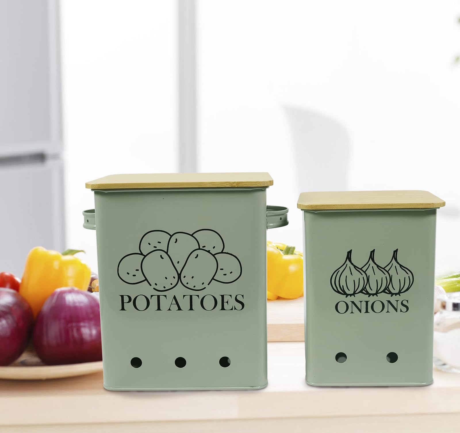 Xbopetda Potato & Onion Storage Bin Set With Bamboo Lid - Metal Kitchen Pantry Organizer - View #6