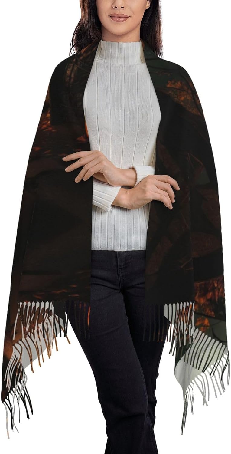 Elegant Scary Halloween Print Tassel Scarf, Warm Winter Accessory,77.6" X 28.3" Faux Cashmere Scarf