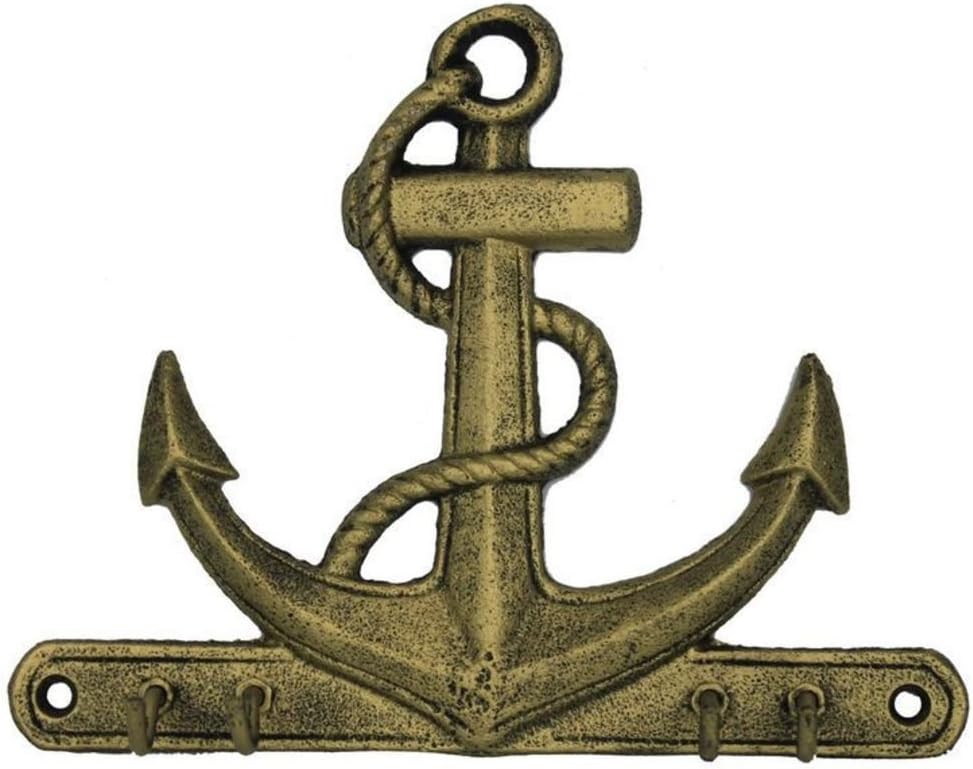 Hampton Nautical Rustic Gold Anchor with Hooks 8" - Decorative Cast Iron Wall Hook - Nautical Hook - Metal Wall Art