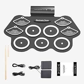 Bateria Eletrônica Portátil com 9 Pads e Pedal, Dobrável, 10 Demos e 7 Estilos de Ritmo