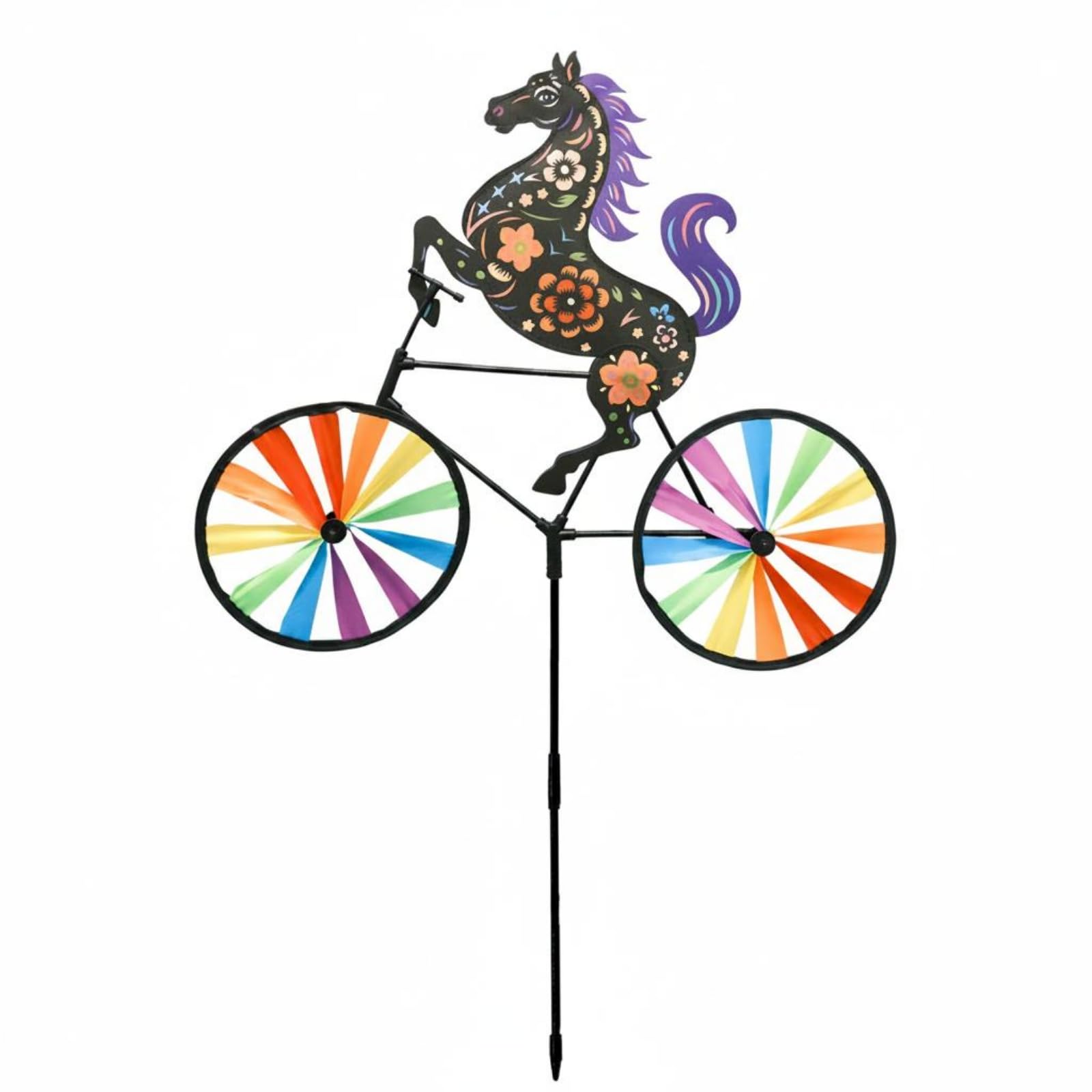 Yard-Mounted Wind Whirligig Multicolor Pedal Cycle Floral Creature Pinwheel Colorful Design, Black | Windmills & Spinners Garden Décor Yard Outdoor Living-image-1