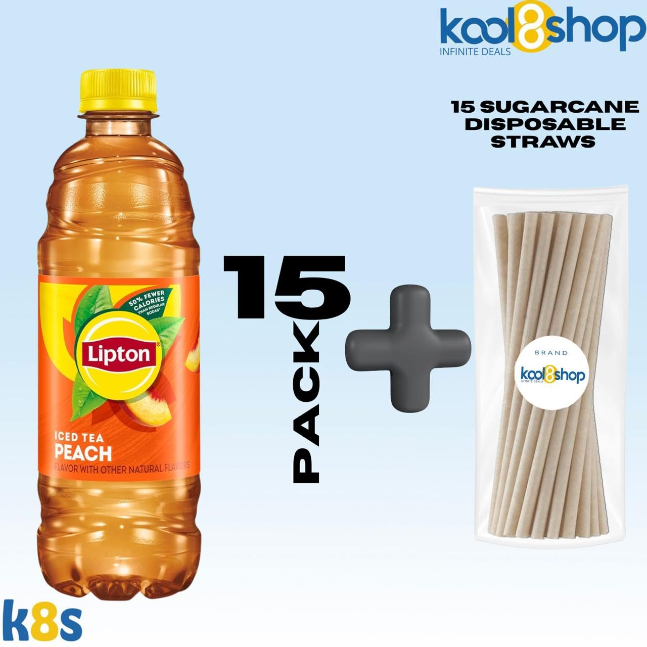 Lipton Peach Iced Tea 16.9 fl oz Plastic Bottles 15 pack + 15 Sugarcane Disposable Straws by KOOL8SHOP Infinite Deals