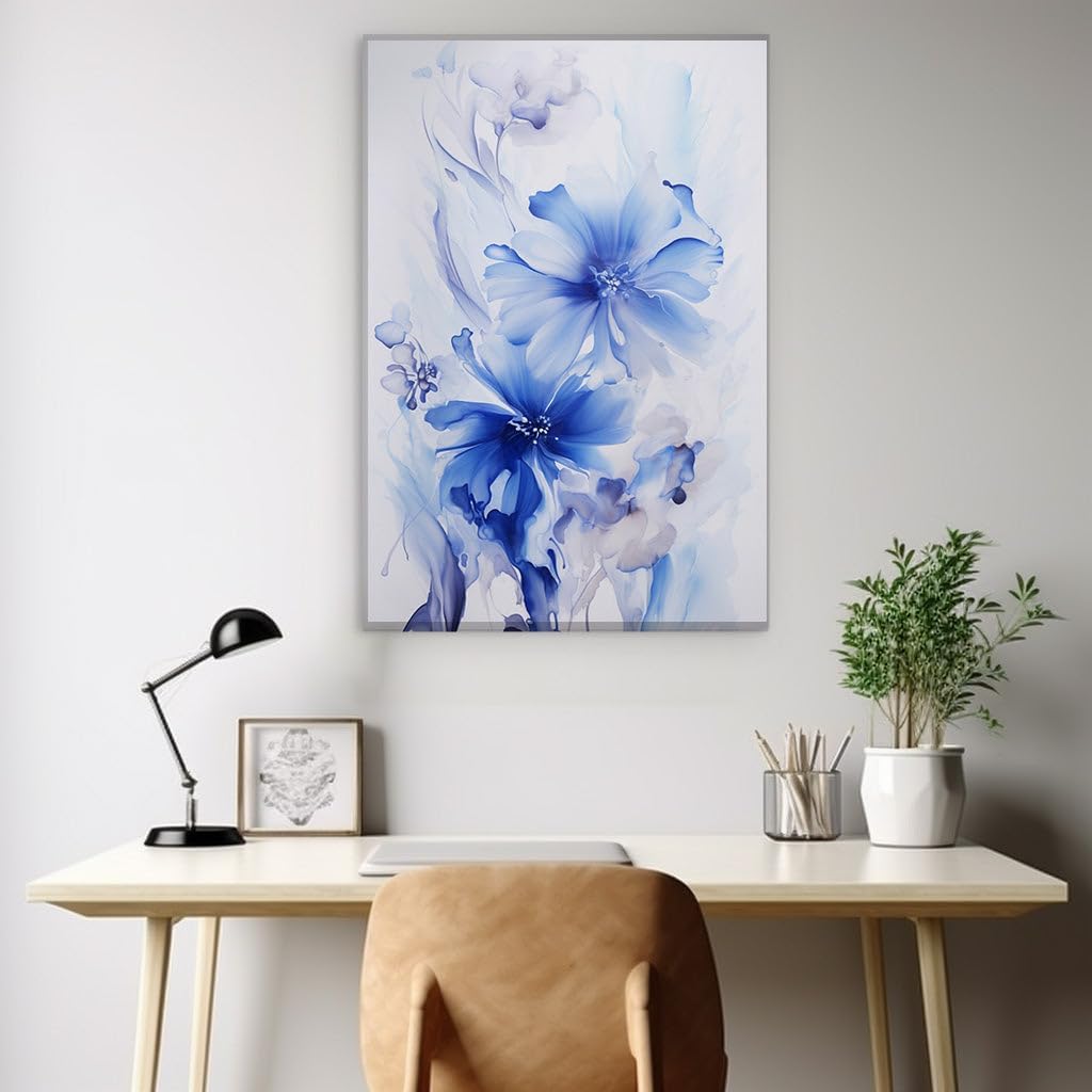 Canvas for Living Room. Whispers of Blue: A Serene Floral Masterpiece, 27 x 18 inch Canvas Wall Art - Contemporary Masterpieces - Botanical Home Decor