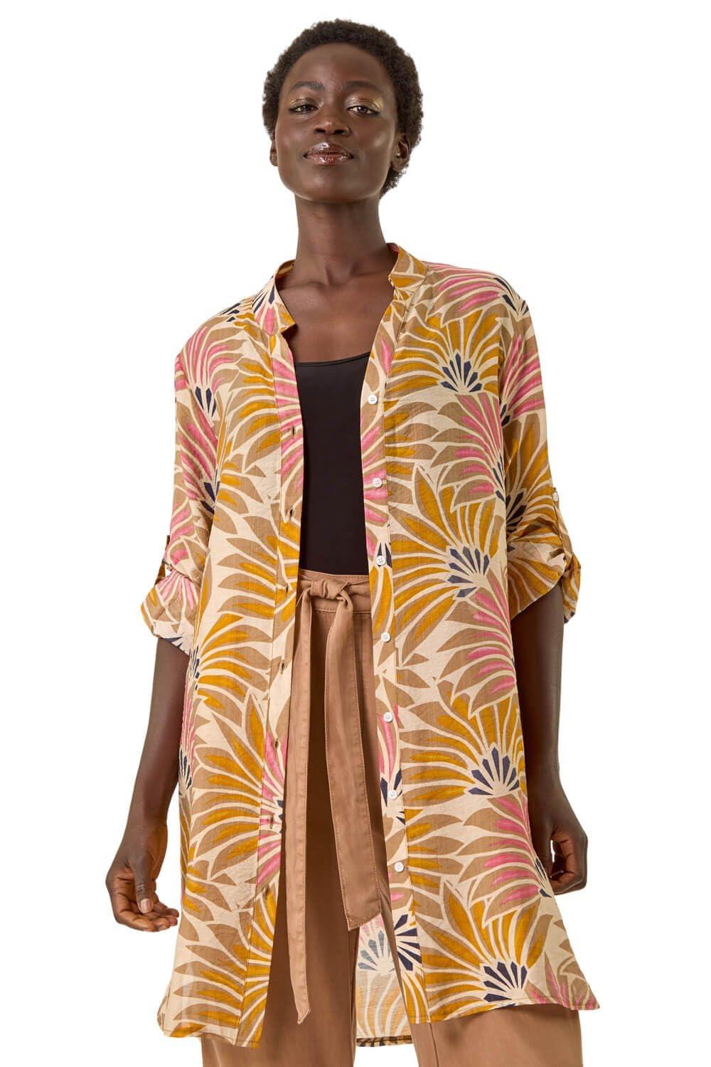 Roman Women's Fan Print Longline Button Blouse in Stone | Size: 20