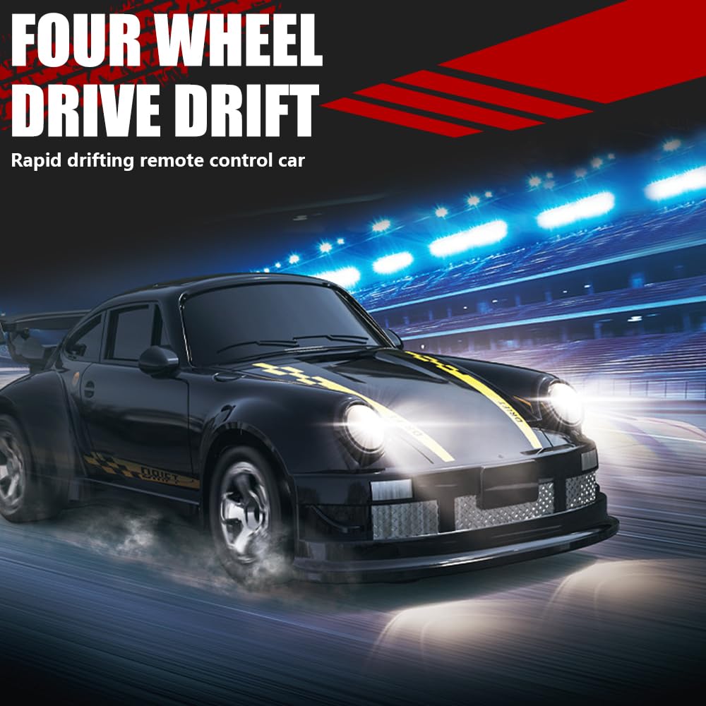 RC Drift Car, 1:64 Mini Macchina Telecomandata Drift con Faro LED, 4WD Drift Car con Sterzo Proporzionale, Macchinina Telecomandata Drift, Macchina da Drift per Adulti, Nero