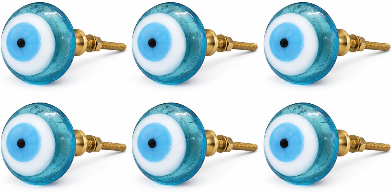 Evil Eye Glass Cabinet Knobs, Handmade Premium Glass with Solid Brass Fitting, Decorative Drawer Knobs, Warbrobe Knobs, Drawer Pulls for Kitchen, Bedroom, Bathroom Furniture (Set of 6)