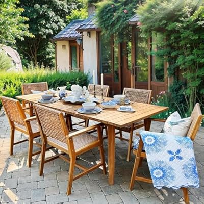 PHI VILLA 7 Pieces Acacia Wood Outdoor Dining Set for 6, Teak Large Wooden Table & Chairs with Wicker Seat and Back, Farmhouse Dining Furniture Set for Patio, Deck, Yard, Porch