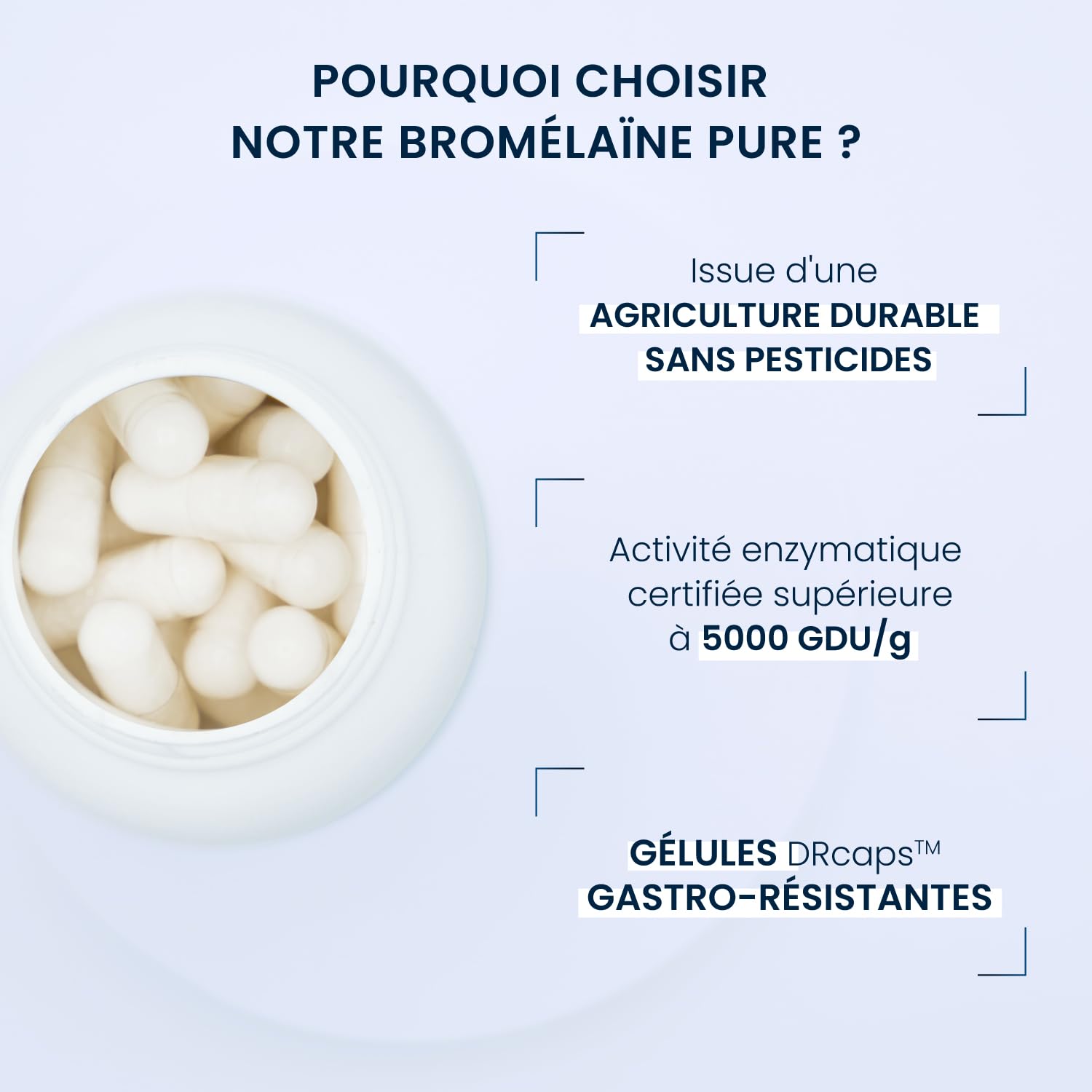 Bromélaïne Pure - Haute Activité Enzymatique 5000 GDU/g - Enzyme soutenant la digestion des protéines - Extraite de tige d'ananas - 60 gélules Végétales DRcaps™ - Sans additifs - Dynveo