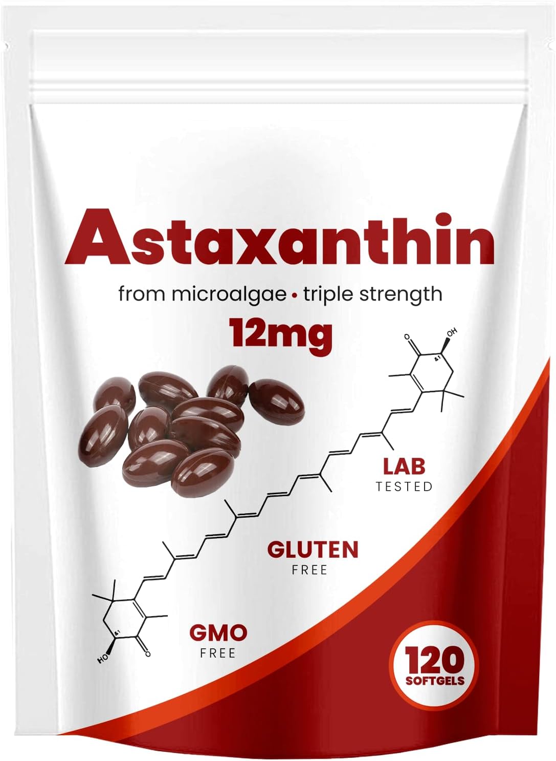 Astaxanthin 12mg, Natural Antioxidant, Supports Immune, Fresh Microalgae for Skin Eye and Internal Circulation Health, 120 Softgels (01, 01#)