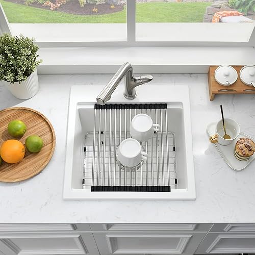 Miniatura 3 de Fregadero de barra blanca de 21 pulgadas con caída en Quartz-Bokaiya de 21 x 20 pulgadas, fregadero de cocina blanco con caída en la parte superior,