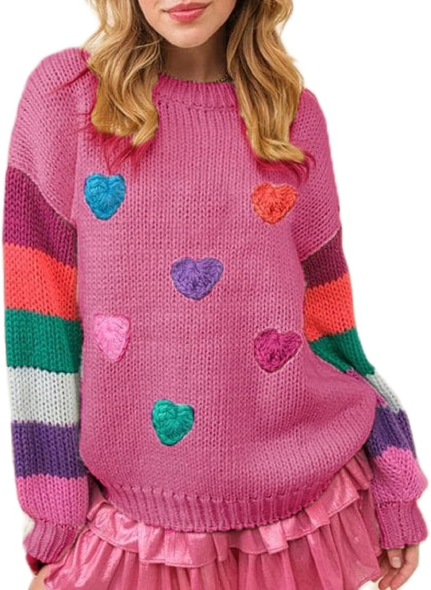 Heart Print Sweater for Women Valentine's Day Long Sleeve Oversized Pullover Sweater Y2K Knit Top