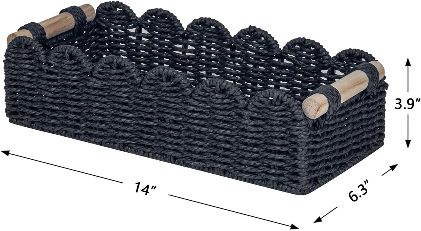 CubesLand Bathroom Basket Organizer, Toilet Tank Paper Storage Baskets 2-Pack, Scalloped Decorative Basket for Countertop w/Handle, Wicker Basket for Bathroom Decor, Home Decor, Living Room, Black