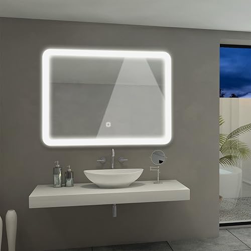 Miniatura 4 de Tangkula Espejo de baño LED, esquina de arco redondeado, rectángulo, montado en la pared, espejo de tocador de maquillaje, luz LED, iluminación