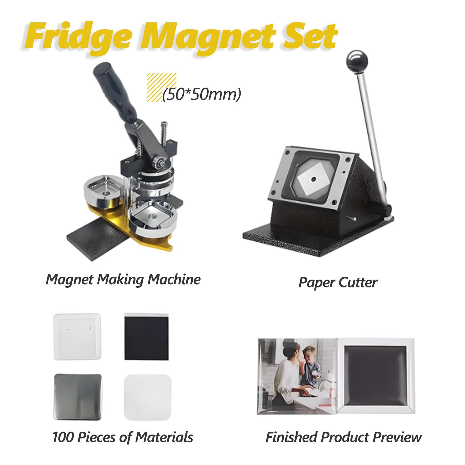 Máquina para fabricar imanes de refrigerador cuadrados de 50 x 50 mm, máquina para fabricar insignias, máquina de prensado de imanes fotográficos, kit de imanes para refrigerador con 100 botones