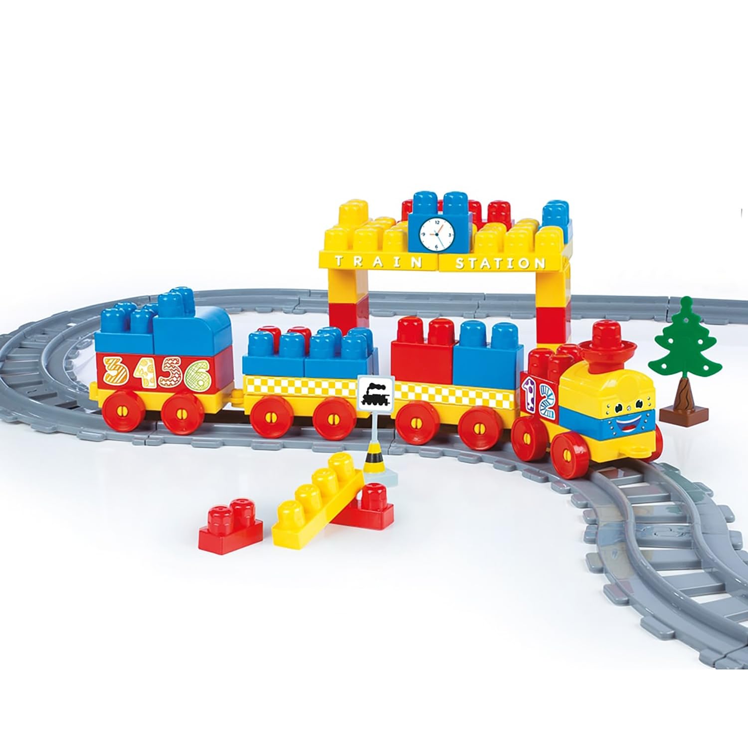 DOLU: Train Set - 89 Pcs - Blocks Assembly Station & Tracks, Yellow-Red-Blue, Push Train, Interactive Brick Building Toy, Toddler & Kids Ages 18mo+