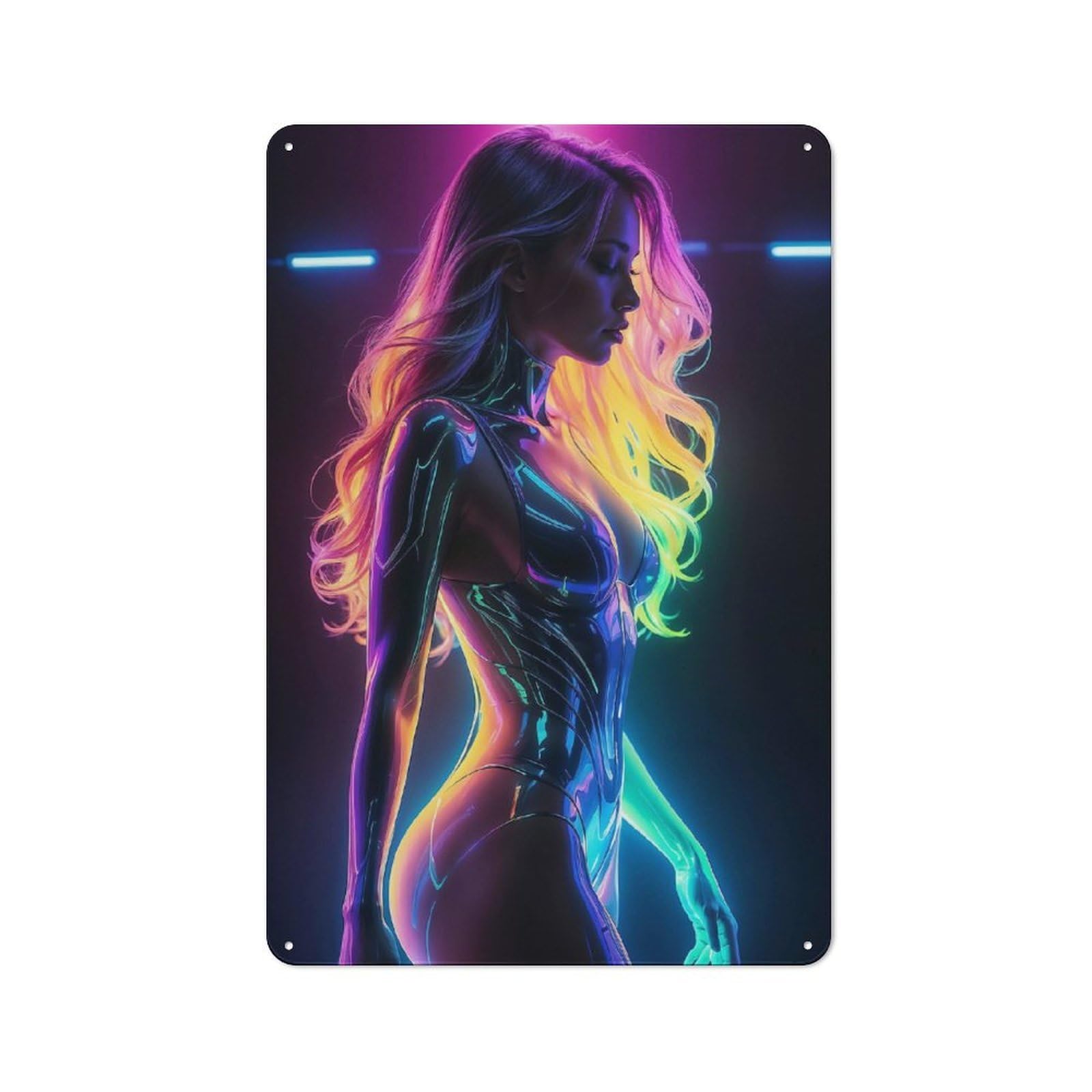 Junmoney Style-13 Cyborg Woman In Neon Retro Metal Plaque 30X20cm For Lounge Or Reading Corner, Suited To Lounge Decor Fans