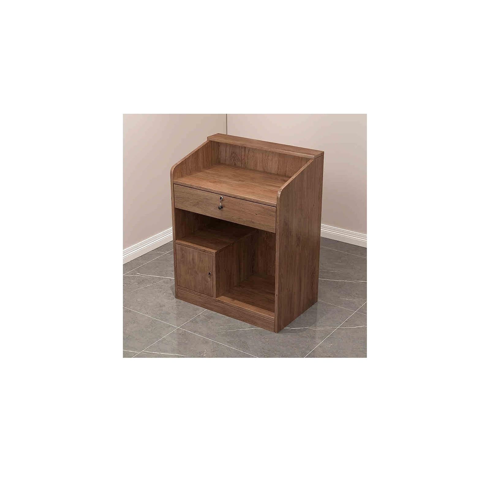 Elegante reception in noce con cassetti chiudibili - Postazione di lavoro moderna e banco vendite con ampie soluzioni di archiviazione per spazi professionali.