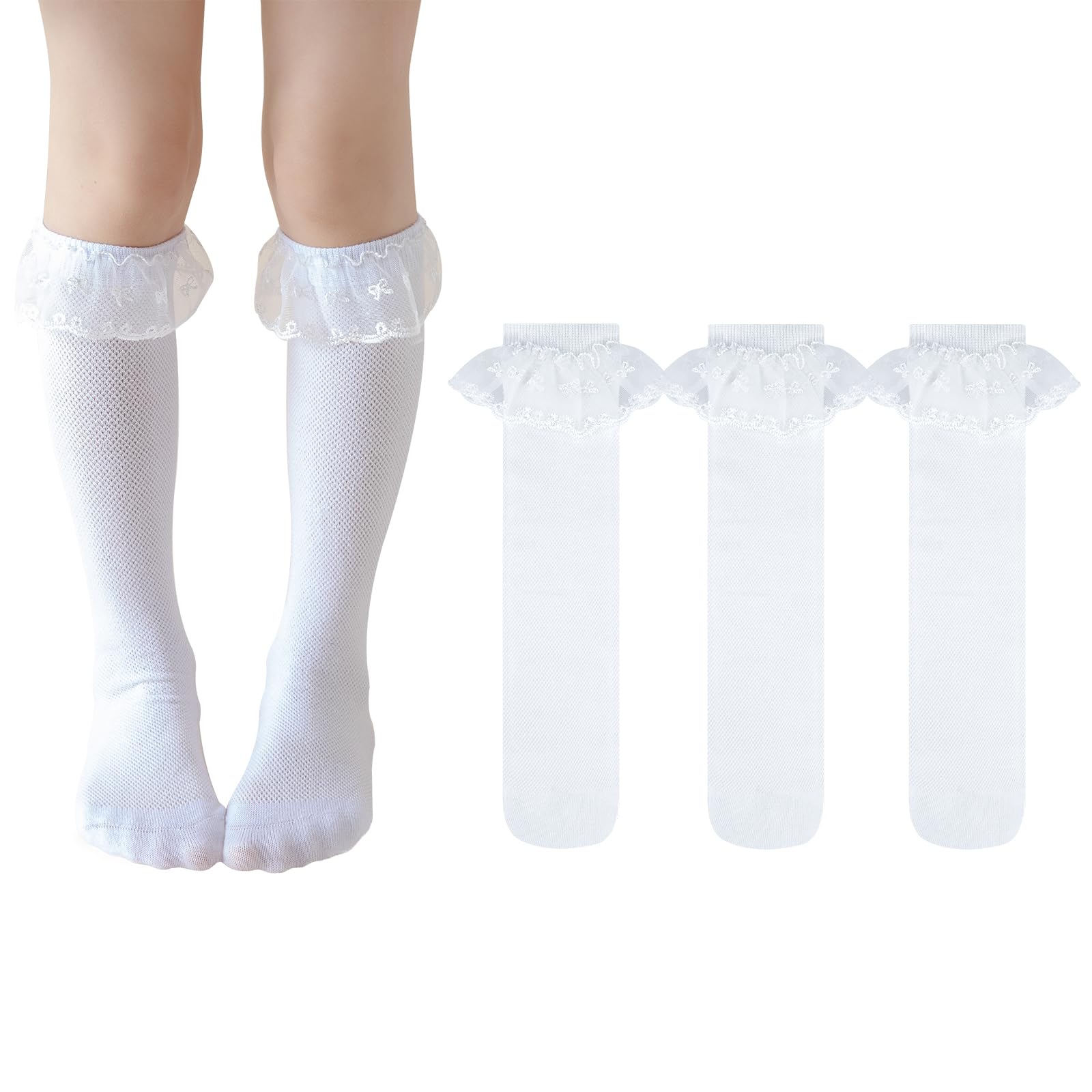 Looching 3 Pack Baby Girls Knee Hign Socks Eyelet Mesh Ruffle Lace White Cotton Long Socks Toddler Kids Tights Stockings 1-8T