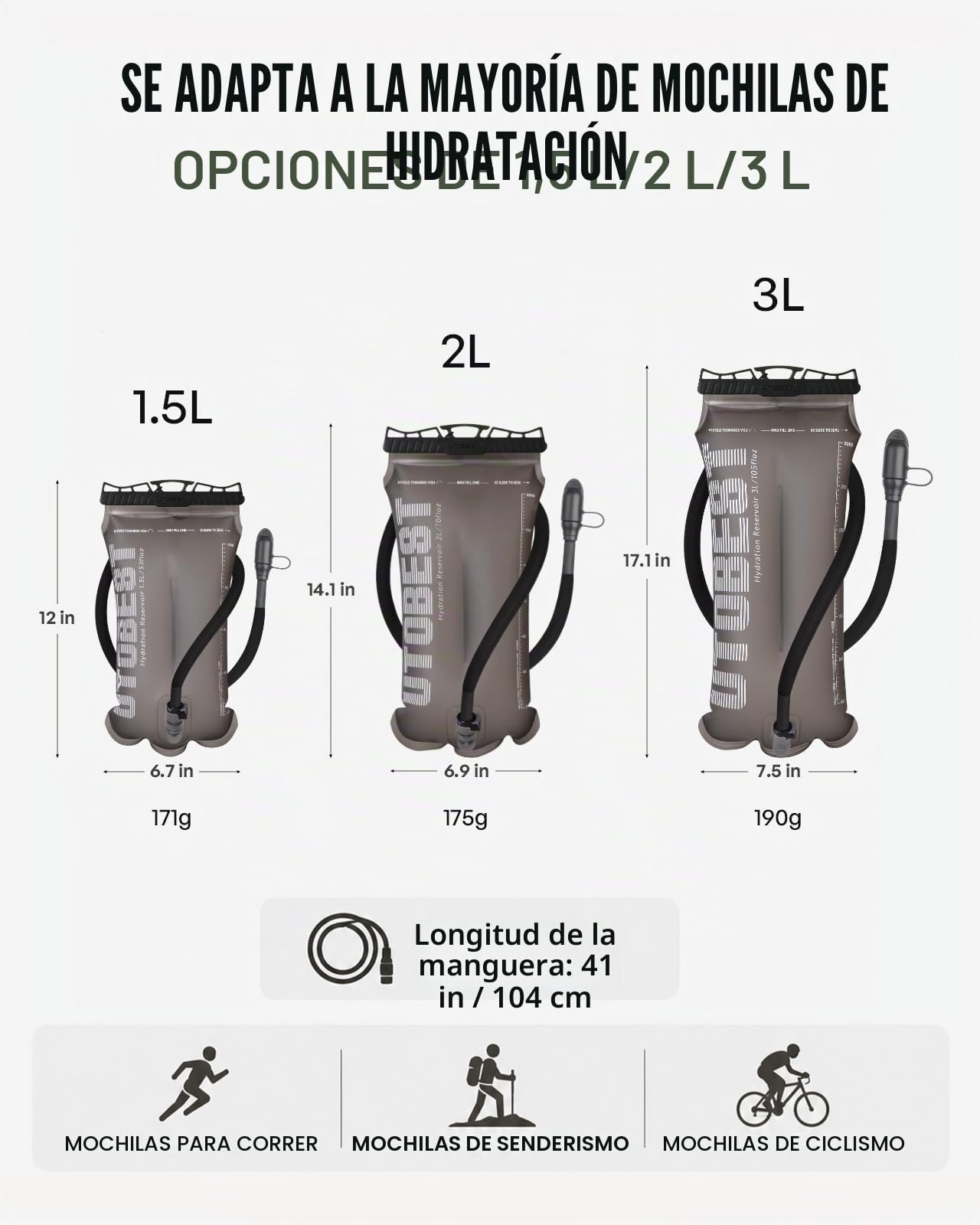UTOBEST Vejiga de hidratación, Bolsa de Agua de 1,5 l, 2 L, 3 l, Bolsa de Agua Corporal de TPU, sin BPA, depósito de Agua a Prueba de Fugas para mochileros, Correr, Ciclismo