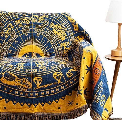 MR FANTASY Double Sided Cotton Woven Couch Tapestry Throw Blanket Decorative Tassels - Zodiac Constellation Yellow 50x70 inches