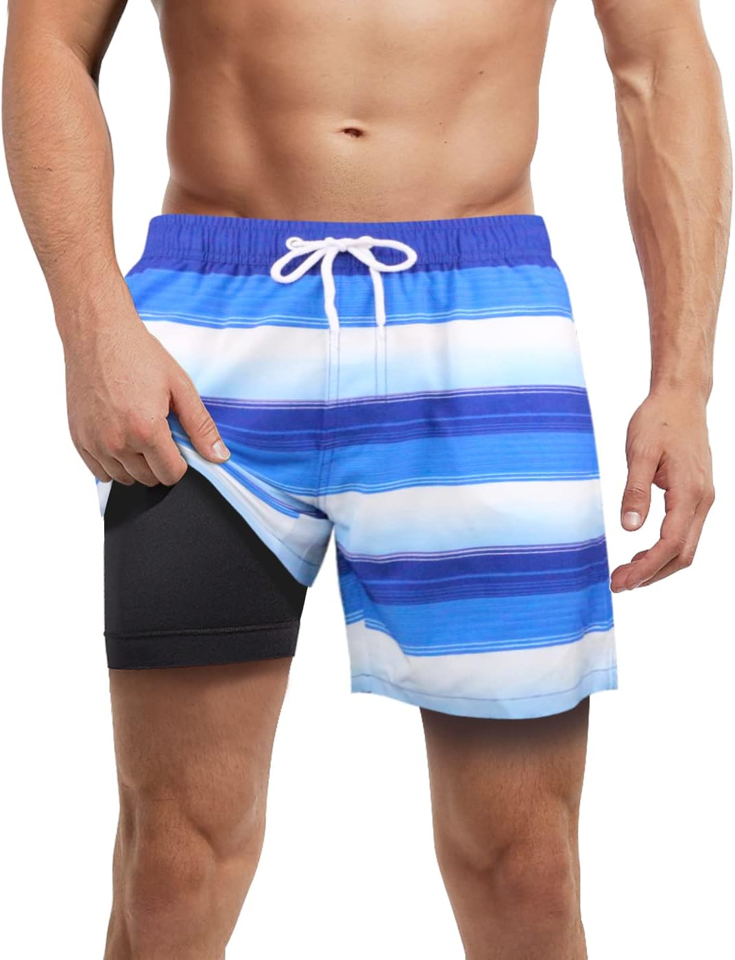 LUCOWEEMens Swim Trunks with Bult-in Boxer Briefs Compression Liner Anti Chafe Quick Dry UPF 50+ Swimming Shorts 5-6" Inseam Bathing Swimsuit