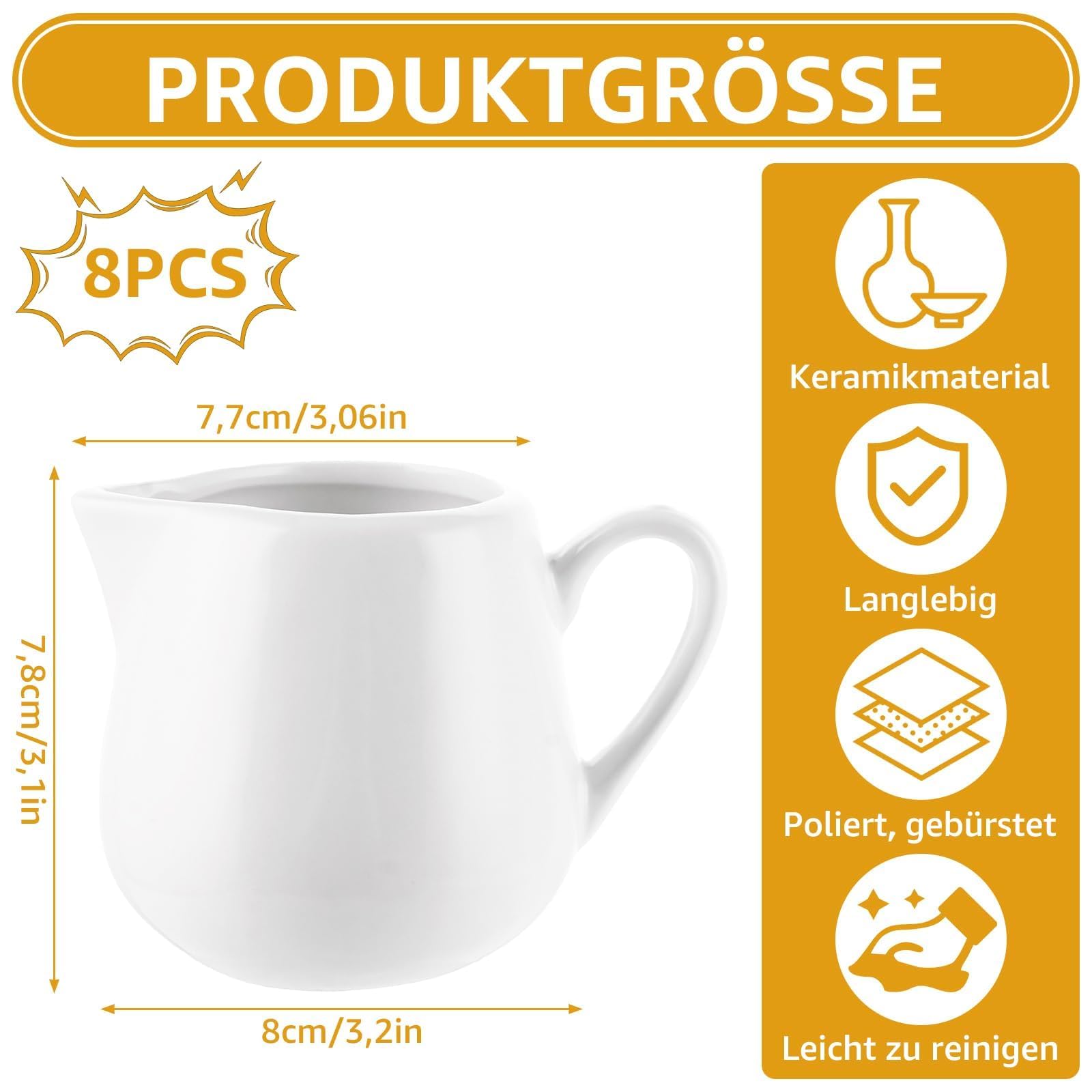 Milchkännchen Porzellan, 8 Stück Milchkännchen Weiß 240ml Milchkännche Großes Milchkanne Espressogießer, Schaumkännchen Groß Espressokanne für Kaffee, Milch, Saucen, Cafe, Küche