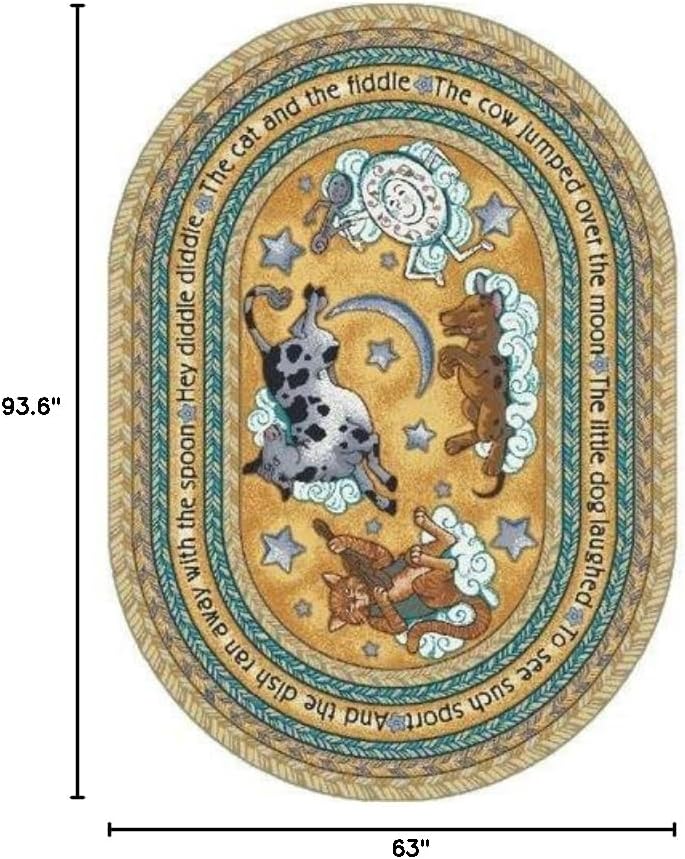 Joy Carpets 1474CC-02 Hey Diddle Diddle Yellow 5 ft.4 in. x 7 ft.8 in. Oval 100 Pct. STAINMASTER Nylon Machine Tufted- Cut Pile Just for Kids Rug