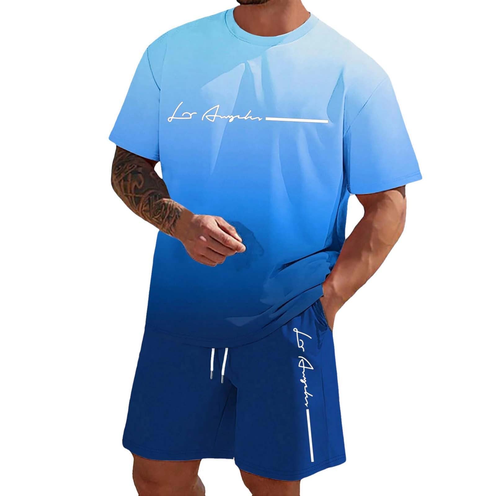 2 Teiler Herren Sommer Trainingsanzug Herren Kurz Kurzarm Shorts Und Tshirt Set T-Shirt Bequem Sportanzug Tracksuit Mit Taschen Casual Trainingsanzug Aufdruck Teiliges Komfort Freizeit
