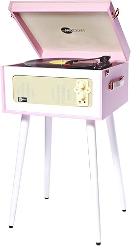 Miniatura 4 de Arkrocket - Tocadiscos retro con 3 velocidades y Bluetooth, con altavoces integrados y patas extraíbles, edición limitada, color rosa y blanco