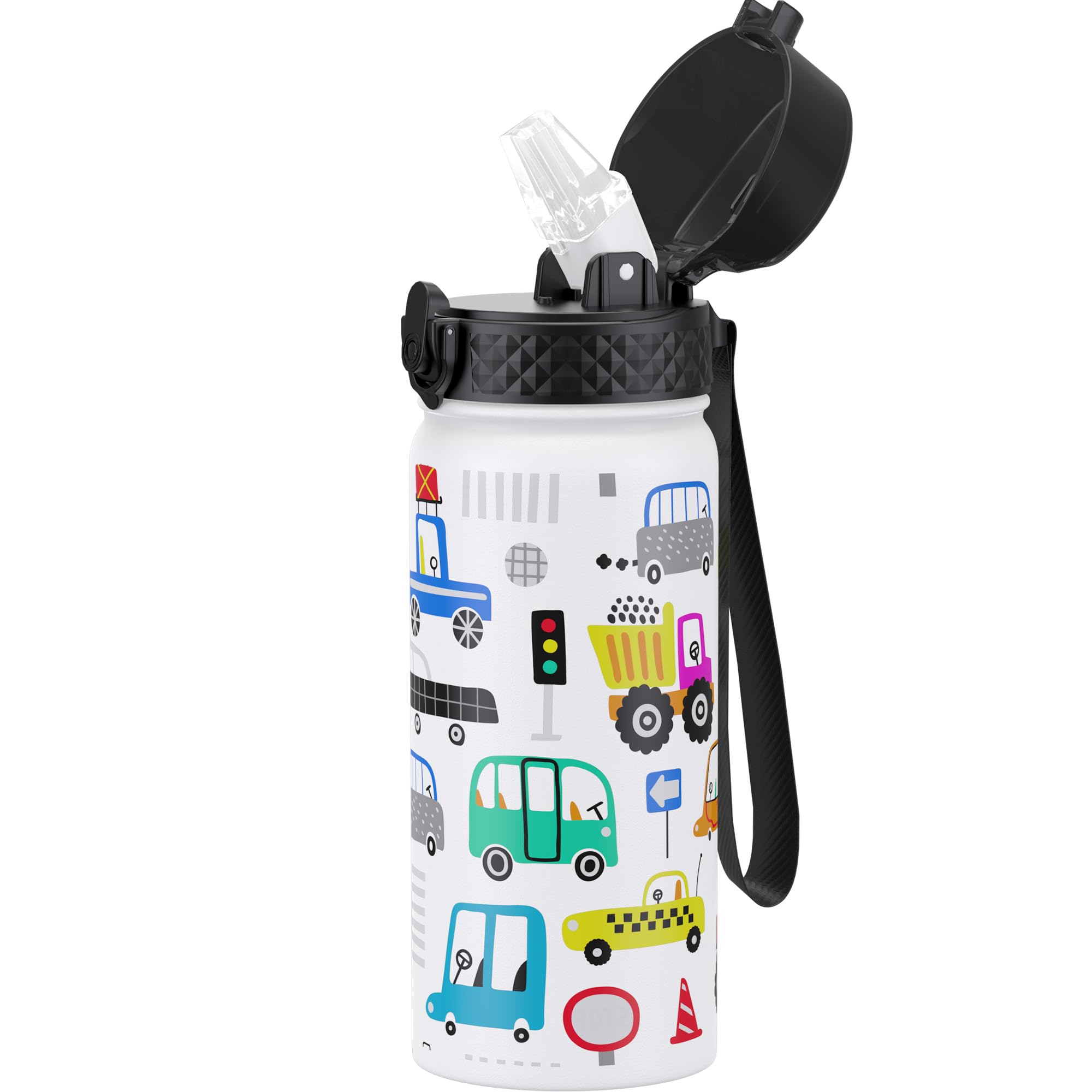 GOPPUS Kids Water Bottle Straw Lid - 18 Oz Stainless Steel Travel Bottle Double Wall Vacuum Leak Proof