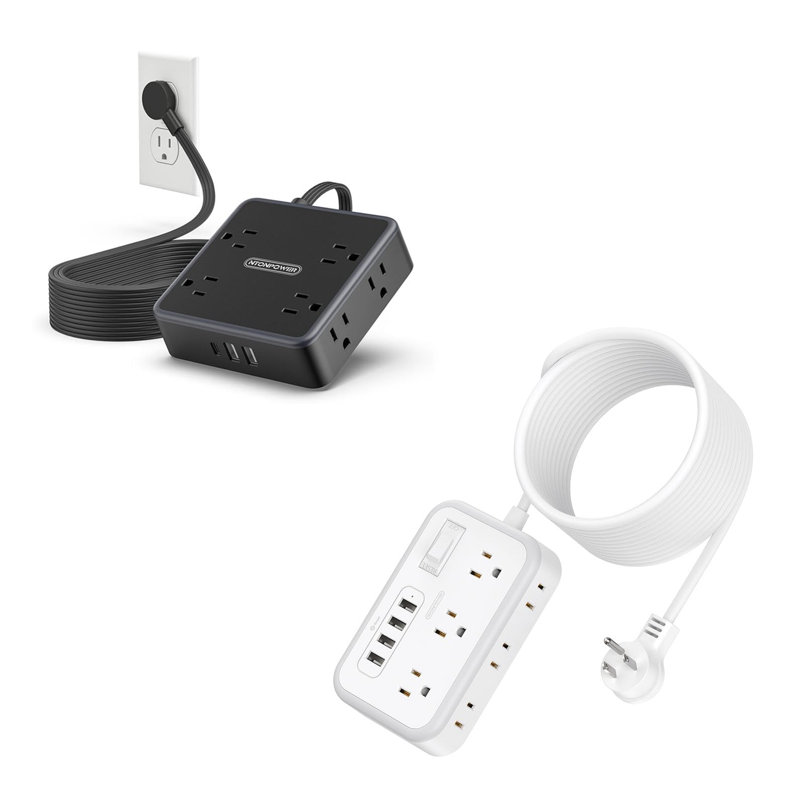Two 25 FT 10-in-1 & 11-in-1 Extension Cord, 6 AC Outlet with 3 USB & 8 AC Outlet with 4 USB, Long Cord Surge Protector, Multiple Outlets for Home Office