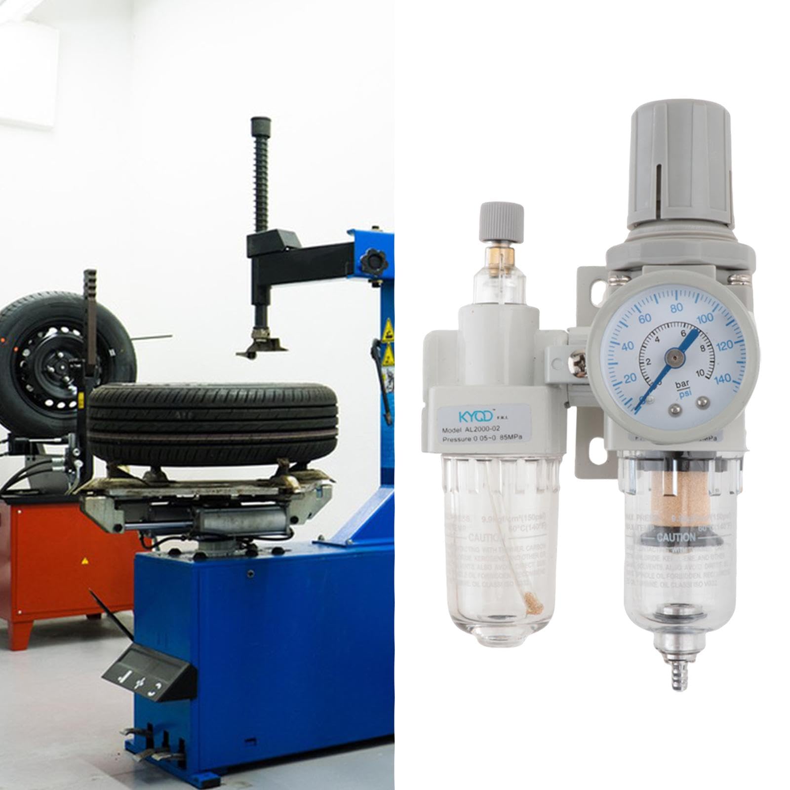 F Fityle Separador de agua y aceite para cambiador de neumáticos. Accesorio profesional para cambiador de neumáticos. Fácil de usar. Práctico con manómetro.