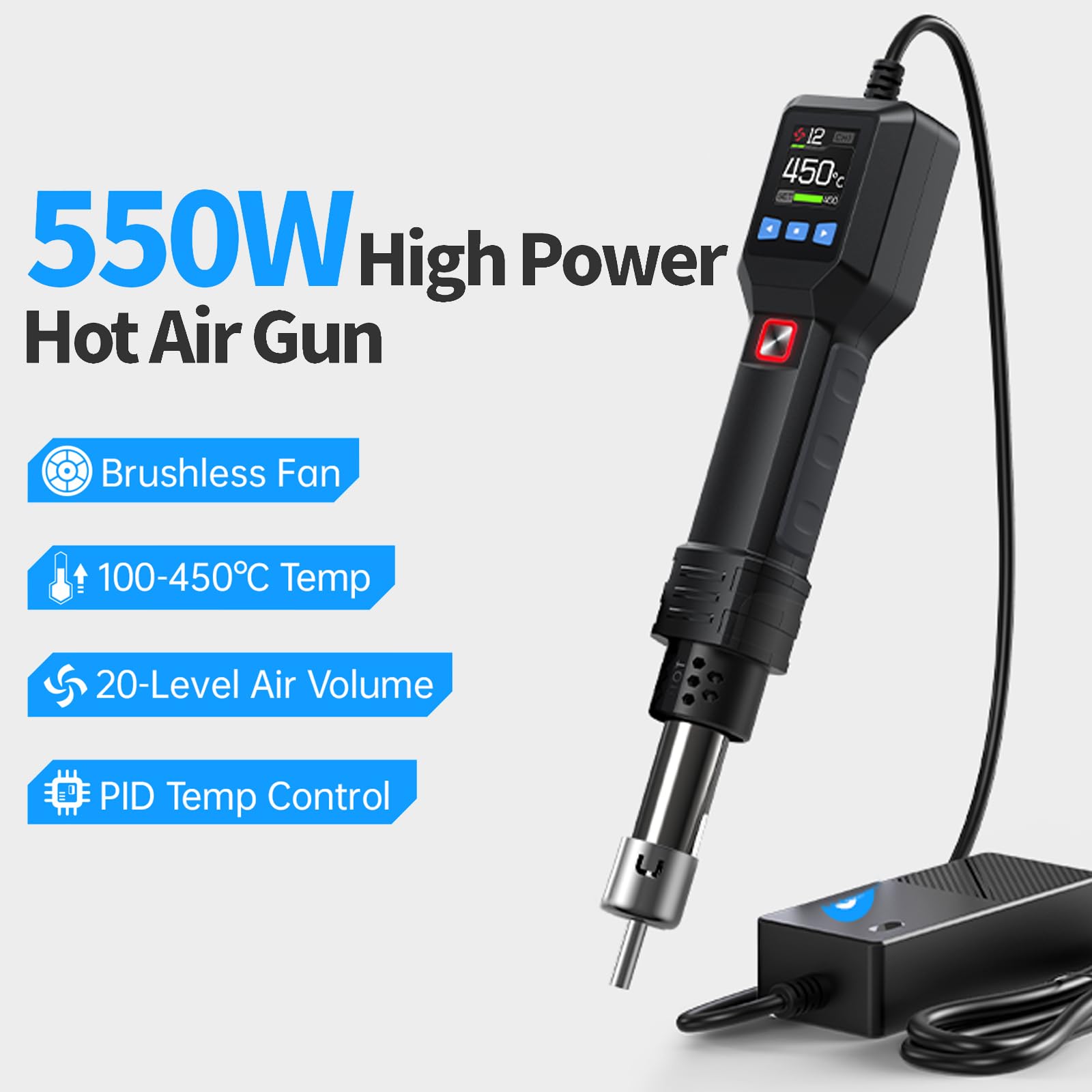 Opalarka 550 W – cyfrowy pistolet na gorące powietrze ze stojakiem do lutowania, przeróbki BGA i narzędzi naprawczych