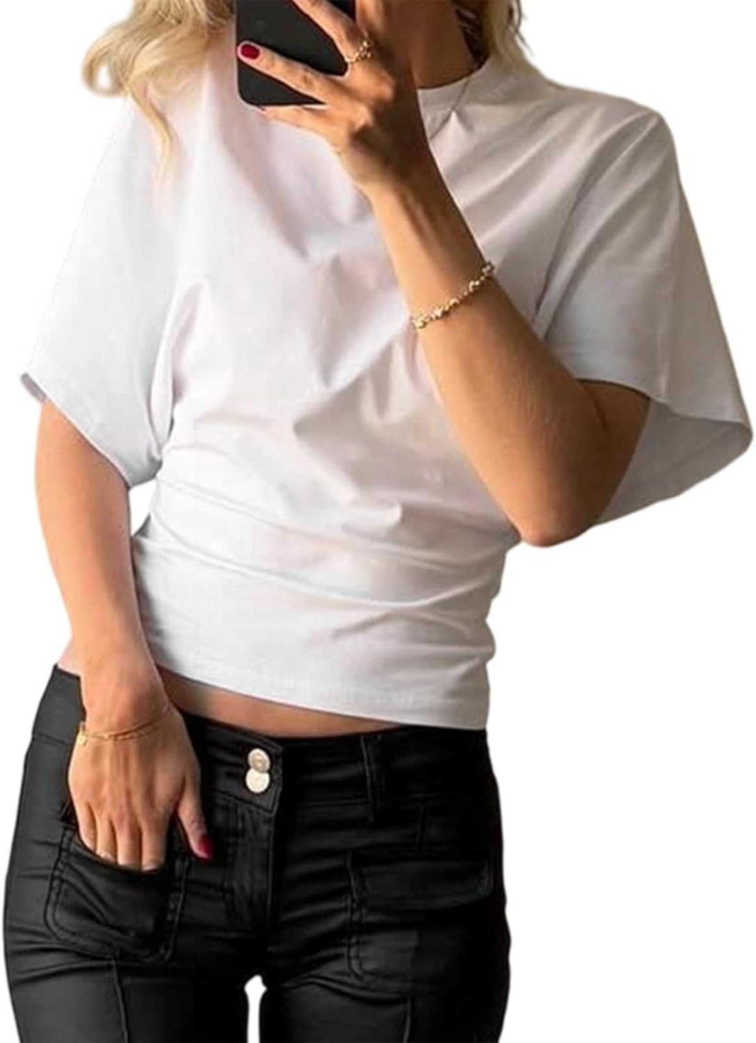 Y2k Cinched Waist Tops for Women Summer Dolman Sleeve Going Out Crop Top Trendy Cap Sleeve Wrap T Shirt