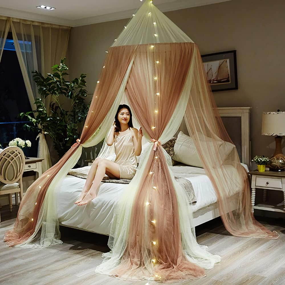 Bed Canopy for Girls & Adults, Elegant Double Layer Bed Curtain Canopy Drapes, Round Dome Lace Princess Canopies Netting (Bean Paste Color)