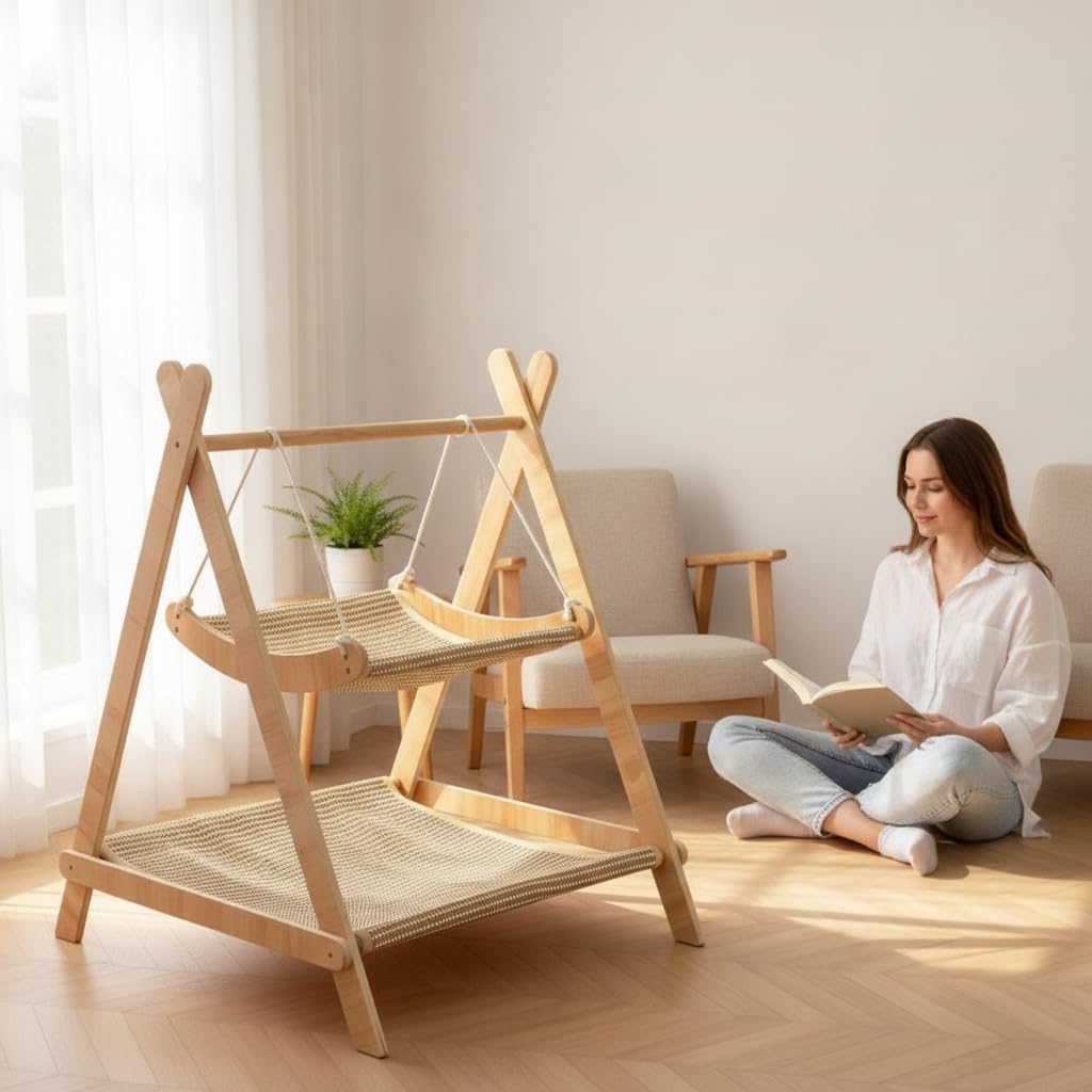 Amaca Gatto in Legno Sisal e Cuccia, Tiragraffi per Gatti Adulti, per il riposo, Amaca per gatti in legno, design a dondolo, doppio strato con superficie in sisal