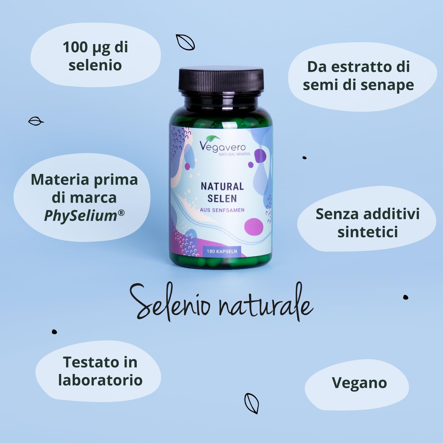 Selenio Integratore | 100 mcg | 100% NATURALE | 180 capsule (6 mesi di fornitura) | Certificato in Laboratorio | Vegan e Senza Additivi Artificiali | Vegavero®
