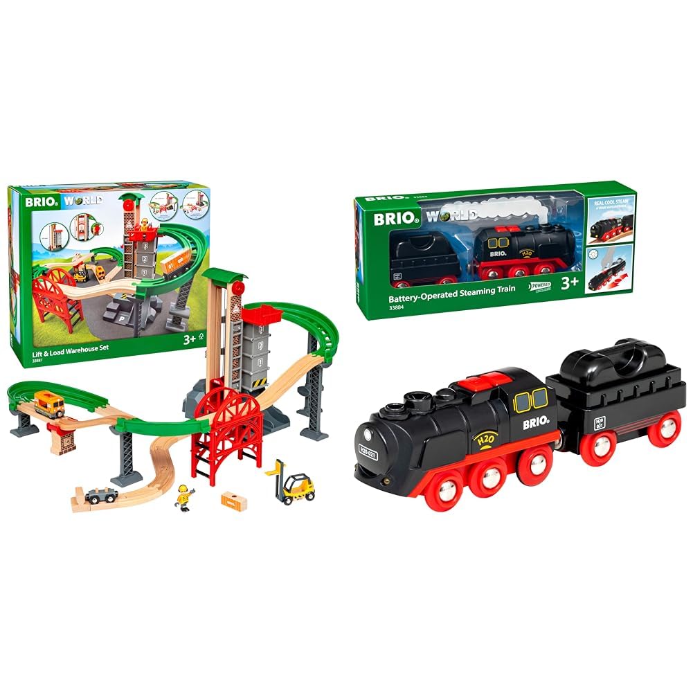 BRIO World 33887 Großes Lagerhaus-Set mit Aufzug - ab 3 Jahren & World 33884 Batterie-Dampflok mit Wassertank - Lokomotive mit echtem kühlen Dampf und Wasserbehälter zum Nachfüllen