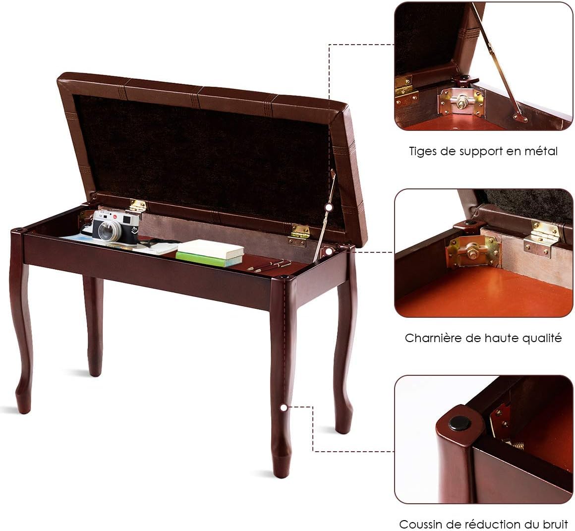 GOPLUS Banco para Piano Doble de Madera con Asiento Acolchado, Taburete de Piano de 2 Plazas con Compartimento de Almacenaje, 75x35x49cm, Carga Máxima 180KG